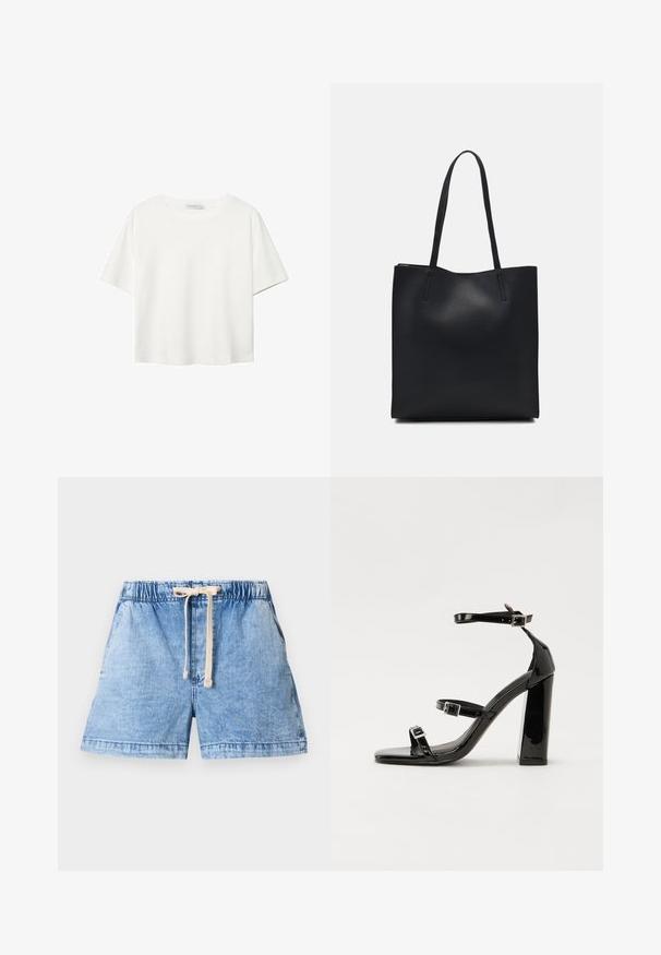 Biała koszulka z krótkim rękawem, wykonana z bawełny. Posiada okrągły dekolt i luźny krój. Gładka faktura bez widocznych wzorów czy akcentów.; Jasnoniebieskie szorty denimowe z elastycznym paskiem i sznurkiem. Posiadają dwie boczne kieszenie i prosty krój u dołu.; Czarne lakierowane sandały na obcasie z kwadratowym noskiem, z paskami wokół kostki i srebrnymi klamrami. Posiadają masywny słupek dla stabilności.; Czarna skórzana torba tote o gładkiej fakturze, prostokątnym kształcie i dwóch długich uchwytach. Brak widocznych elementów metalowych i ozdób.