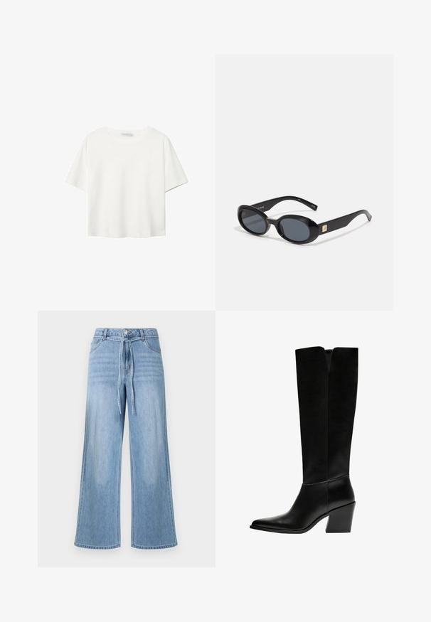 T-shirt blanc à manches courtes en coton. Doté d'un col ras du cou et d'une coupe décontractée. Texture lisse sans motifs ni accents visibles.; Jean en denim bleu clair à jambes larges avec une ceinture nouée, des poches avant et un design classique à cinq poches avec un léger effet délavé.; Bottes noires montantes en cuir lisse, avec un bout pointu, un talon bloc et une découpe en V en haut.; Lunettes de soleil ovales noires avec des verres foncés, monture en plastique brillant, branches larges et un petit accent doré d'un côté.