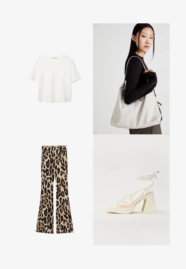 Biała koszulka z krótkim rękawem, wykonana z bawełny. Posiada okrągły dekolt i luźny krój. Gładka faktura bez widocznych wzorów czy akcentów.; Spodnie dzwony z leopardskim nadrukiem w czarnych i brązowych odcieniach, o prążkowanej fakturze i wysokim stanie.; Biała sandał na wysokim obcasie z masywnym słupkiem, z paskowym wzorem i wiązaniem przy kostce. Gładka faktura z platformą z przodu dla dodatkowej wysokości.; Beżowa torebka wykonana z miękkiego materiału, charakteryzująca się luźnym fasonem, wyszywanymi detalami i dwoma uchwytami na ramię. Idealna na co dzień.