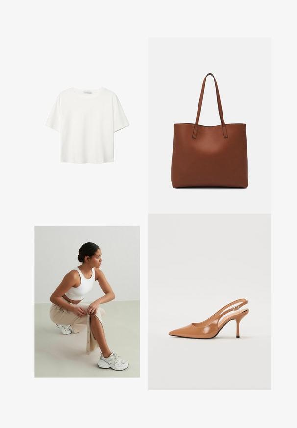 Bela kratka majica s kratkimi rokavi iz bombaža. Ima okroglo izrezovanje in sproščen kroj. Gladka tekstura brez vidnih vzorcev ali poudarkov.; Bela rebrasta kratka majica, bež kratak krilo s dugmadima i bočnim prorezom, bele patike s crnim i srebrnim naglascima, sjedi na svijetloj pozadini.; Slinčaste pete z ostro konico v gladkem, sijočem bež materialu. Imajo ukrivljen rez in vitko stiletto peto. Podrobnost s srebrno zaponko.; Rjava usnjena torba z gladko teksturo, odprto zasnovo zgoraj in dvema naramnima trakovoma. Opremljena je z minimalnim šivanjem in brez vidnih kovinskih delov.
