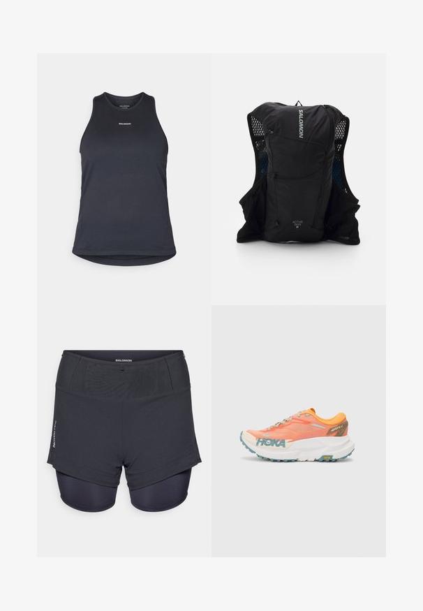 Dark gray athletic tank top made of textured fabric; features a crew neck and the brand "SALOMON" printed in white on the front.; Dark gray athletic shorts with an inner tight liner, featuring a textured finish and the "Salomon" logo on the side.; Orange and pink running shoe with mesh upper, white midsole, Vibram outsole, and light blue accents. Features HOKA branding on the side.; Black running vest with mesh side pockets, reflective accents, and a front zip pocket. Lightweight fabric designed for comfort and breathability.