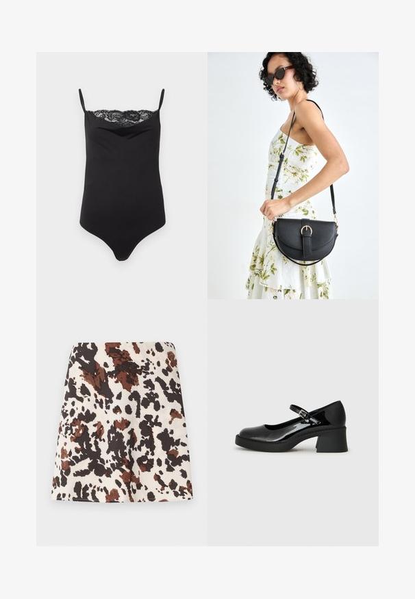 Body preto com alças finas e acabamento em renda na parte superior. Textura suave, design justo e decote profundo.; Mini saia com padrão de mancha de vaca nas cores creme, castanho e preto. Feita em tecido macio; apresenta um design reto, ajustado e ligeira elasticidade.; Sandalha Mary Jane em couro envernizado preto com biqueira arredondada, tira ajustável e um salto quadrado robusto. Apresenta uma sola texturizada.; Bolsa de couro preta com forma curva, alça destacável e detalhes em dourado. A bolsa possui uma aba com detalhe de fivela.