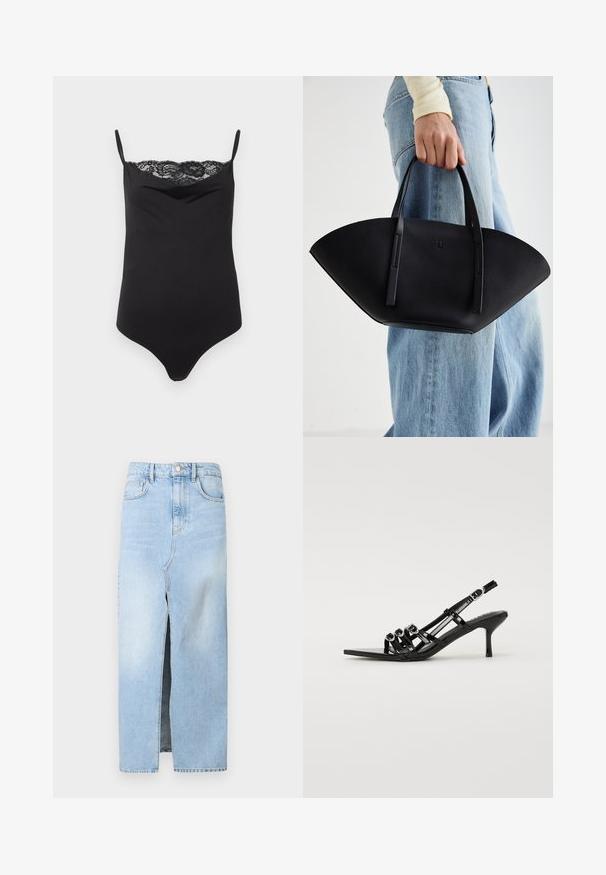 Body preto com alças finas e acabamento em renda na parte superior. Textura suave, design justo e decote profundo.; Saia de ganga azul clara com cintura alta, fenda frontal e design clássico de cinco bolsos. O tecido possui um acabamento suave e ligeiramente texturizado.; Shoe preto de salto alto com atilhos, com bico fino, apresentando várias tiras estreitas e detalhes circulares na parte da frente.; Bolsa de mão em couro preto com uma forma única em leque, apresentando alças planas. A superfície tem uma textura pebble e um design minimalista.