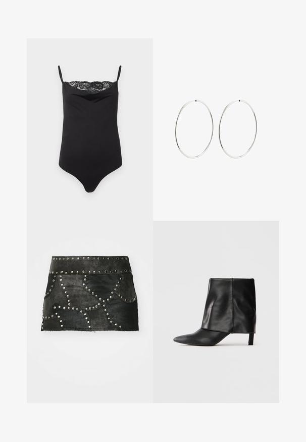 Melna bodijs ar plānām siksnām un mežģīņu apdari augšējā daļā. Gluda tekstūra, pieguļošs dizains un dziļš dekoltē.; Melna ādas svārki ar dekoratīviem sudraba kniedēm un izliekto šuvju dizainu. Raksturīga pieguļoša jostasvieta un apakšmala, kas atrodas virs vidus ciskas.; Melnas ādas puslīdz potītes zābaki ar smailu purngalu, salocītu augšējo daļu un slaidu zemu papēdi uz balta fona.; Sudraba riņķa auskari ar gludu, apaļu dizainu un pulētu apdari. Tie ir plāni un viegli, ar vienkāršu aizdari.