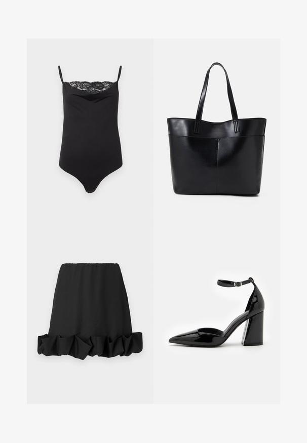 Černý body s tenkými ramínky a krajkovým lemem na vrchu. Hladký texture, přiléhavý střih a hluboký výstřih.; Černá sukně s volánkovým lemem, vyrobená z lehké látky. Obsahuje elastický pas pro pohodlné nošení. Jednoduchý a univerzální design.; Černá lakovaná vysoká bota na podpatku s úzkým špičatým nosem, zapínáním kolem kotníku a širokým blokovým podpatkem pro stabilitu, s hladkým lesklým povrchem.; Černá kožená taška s dlouhými ušima, hladkým povrchem a strukturovaným tvarem. Obsahuje přední kapsu pro další úložný prostor.