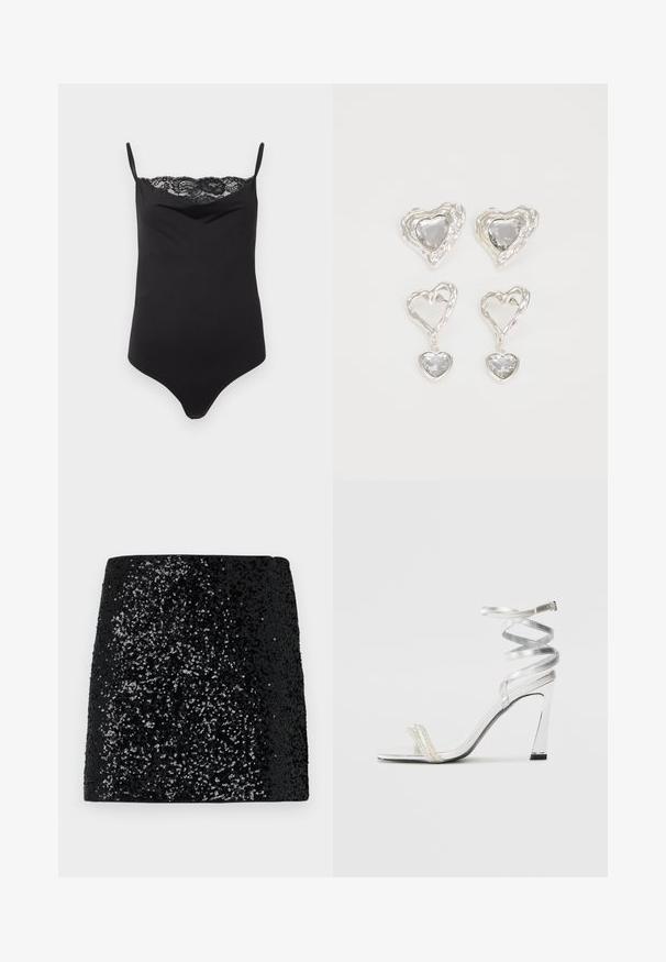 Black bodysuit with thin straps and a lace trim at the top. Smooth texture, fitted design, and plunging neckline.; Black sequined skirt with a textured surface, featuring a gradient pattern from dense to sparse sequins, straight cut, and no visible fastenings.; Silver high-heeled sandal with a shiny strap design, featuring a pearl-like accent and a spiraled ankle strap for secure fit.; Silver heart-shaped earrings feature faceted clear stones, with a textured frame. The set includes stud and drop styles.