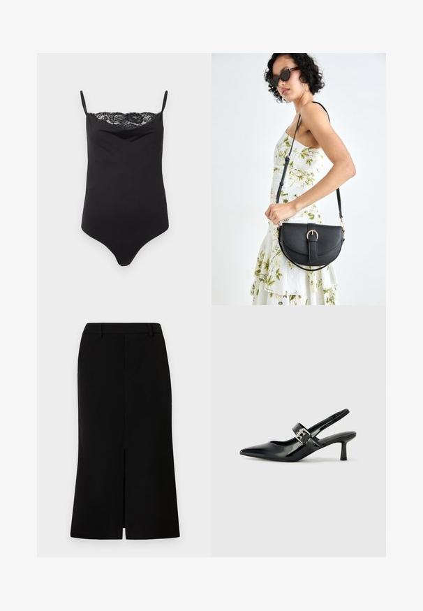 Musta haalari, jossa on ohuet olkaimet ja pitsireunus ylhäällä. Sileä pinta, istuva muotoilu ja syvä pääntie.; Mustan polvimittaisen hameen suora siluetti, jossa on etuläpi, tasainen texture ja räätälöity vyötärönauha.; Musta patenttinaahkakengät, joissa on osoittava kärki ja pieni lohko korko, varustettuna hopeisella soljella hihnassa.; Musta nahkainen käsilaukku, joka on kaareva muotoilultaan, irrotettavalla hihnalla ja kultaisilla yksityiskohdilla. Laukussa on läppä, jossa on solk yksityiskohta.