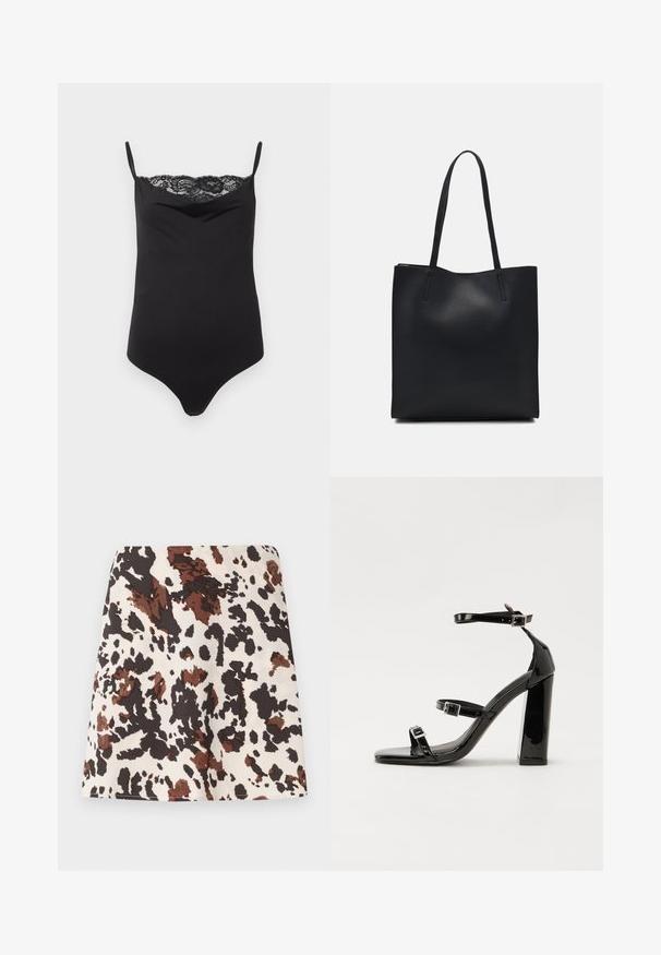 Sort bodysuit med tynde stropper og blondekant øverst. Glat tekstur, tætsiddende design og dyb udskæring.; Kort nederdel med et mønster af køer i creme, brun og sort. Fremstillet af blødt stof; har en lige, tætsiddende design og let stræk.; Sorte laklædersandaler med høje hæle, to spænderemme, firkantet tå og en kraftig blokhæl, der har en glat, blank overflade.; Sort læder tote taske med glat tekstur, rektangulær form og to lange hanke. Ingen synlig hardware eller udsmykninger.