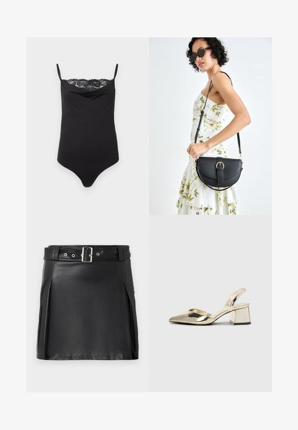 Černý body s tenkými ramínky a krajkovým lemem na vrchu. Hladký texture, přiléhavý střih a hluboký výstřih.; Černá mini sukně z umělé kůže s přiléhavým střihem, bočním řasením a pásem se stříbrnou sponou a očka. Hladká textura, vysoký pas.; Kovové zlaté pantofle na podpatku s špičatou špičkou a masivním podpatkem. Hladký povrch, minimalisticý design a úzký pásek.; Černá kožená kabelka s křivkovým tvarem, odnímatelným popruhem a zlatými detaily. Kabelka má klopu s přezkou.; Zlaté kruhové náušnice s hladkým, zaobleným designem. Tenoučké a lehké, s kontinuálním okruhem bez ozdob.