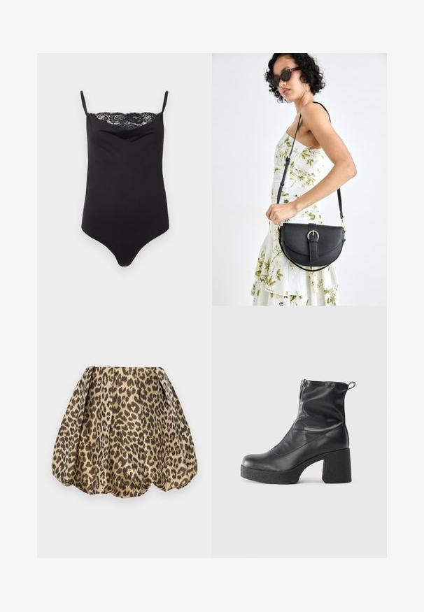 Black bodysuit with thin straps and a lace trim at the top. Smooth texture, fitted design, and plunging neckline.; Sister Jane LOLA SKIRT - A-line skirt - tan; Black ankle boots made of smooth leather, featuring a side zipper, chunky textured heel, and rounded toe design.; Black leather handbag with a curved shape, detachable strap, and gold hardware. The bag features a flap with a buckle detail.
