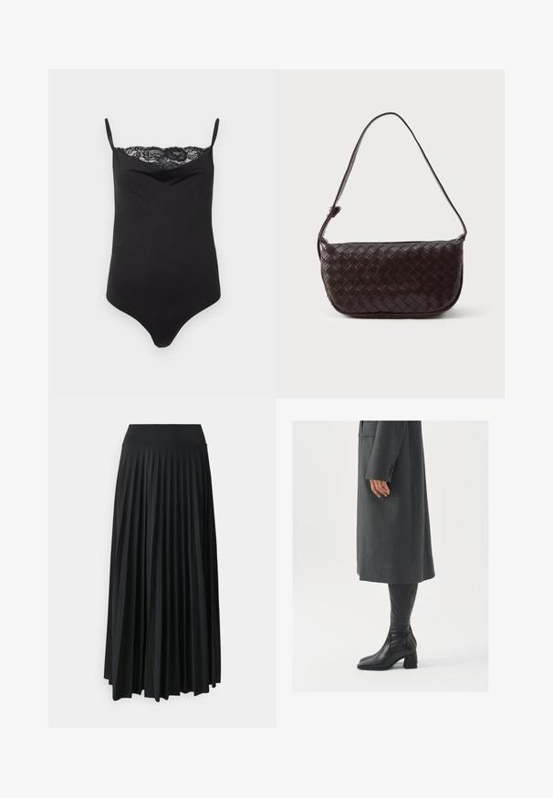 Fekete egyrészes ruha vékony pántokkal és csipkés díszítéssel a tetején. Sima textúrájú, testhezálló dizájn, meredek dekoltázzsal.; Ráncokkal ellátott fekete maxiszoknya széles, rugalmas derékkal. Puha, folyékony anyagból készült, függőleges gyűrődésekkel a textúra fokozásáért.; Szürke, szabott overál, egyenes vonallal; térd fölé érő fekete bőrcsizmákkal párosítva, négyzetes orral és vastag sarokkal.; Szövött bőr válltáska sötétbarna színben, ívelt formával, állítható pánttal és sima felülettel. Kompakt kialakítás, látható hardver nélkül.