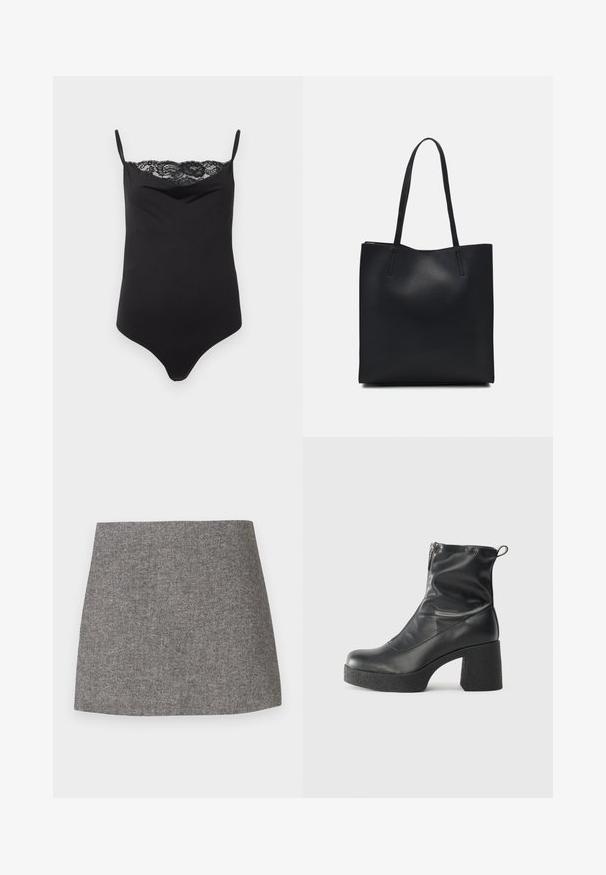 Black bodysuit with thin straps and a lace trim at the top. Smooth texture, fitted design, and plunging neckline.; Herringbone-patterned skirt in gray fabric, featuring a fitted silhouette with a smooth texture and a clean, straight hem.; Black ankle boots made of smooth leather, featuring a side zipper, chunky textured heel, and rounded toe design.; Black leather tote bag with smooth texture, rectangular shape, and two long handles. No visible hardware or embellishments.