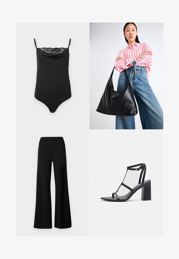 Svart kroppssuit med tynne stropper og blondekant øverst. Jevn tekstur, tettsittende design og dyp utringning.; Sorte bukser med vid ben som er lavet af blød, strækbar stof. Har en glat, elastisk talje og et enkelt, udekoreret design.; Svart høyhælte sandaler med firkantet tå og blokkhæl. Har tynne stropper og justerbar ankelspenne. Glatt skinntekstur.; Svart skinn skulderveske med en avslappet form og sømdetaljer. Modellen har på seg en rosa og hvit stripete skjorte med vide blå jeans.