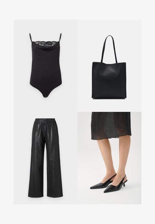 Melna bodijs ar plānām siksnām un mežģīņu apdari augšējā daļā. Gluda tekstūra, pieguļošs dizains un dziļš dekoltē.; Melna mākslīgā āda plaša kāju bikses ar elastīgu jostasvietu, piedāvā divas sānu kabatas un gludu, spīdīgu tekstūru.; Melnas ar īkšķi līdz kājām siksniņu papēžiem ar spīdīgu apdari, slaids papēdis un atvērta aizmugure. Augšējais materiāls ar teksturētu rakstu.; Melnas ādas somiņa ar gludu tekstūru, taisnstūra formu un divām garām rokturiem. Nav redzamu aparatūras vai rotājumu.