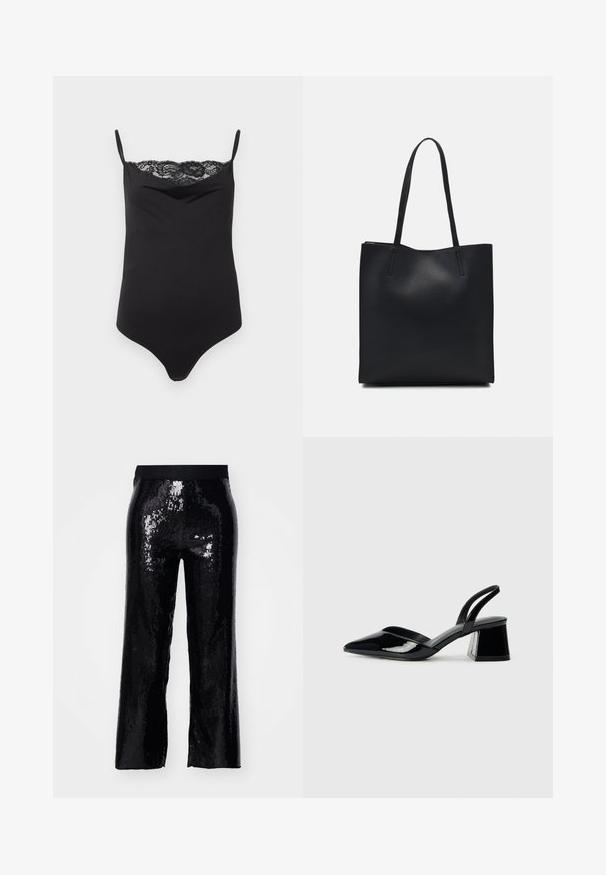 Mustaline musta bodysuit õhukeste rihmadega ja pitsist äärisega ülaservas. Sile tekstuur, kehakujuline disain ja sügav kaelus.; Mustad mustriga püksid sirge lõikega, elastse vöökoha ja läikiva tekstuuriga, mis peegeldab valgust. Täispikk, ilma taskuteta ja siledat viimistlust.; Mustad musta lakknahk kingad, millel on terav varvas ja geomeetriline plokkkonts. Omab elegantselt minimalistlikku disaini ja sujuvat tekstuuri.; Mustast nahast kott sujuva tekstuuriga, ristkülikukujuline ja kahe pika sangaga. Pole nähtavat riistvara ega kaunistusi.
