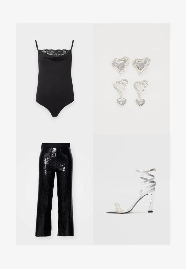 Black bodysuit with thin straps and a lace trim at the top. Smooth texture, fitted design, and plunging neckline.; Black sequined pants with a straight cut, elastic waistband, and shiny texture reflecting light. Full-length, no pockets, and smooth finish.; Silver high-heeled sandal with a shiny strap design, featuring a pearl-like accent and a spiraled ankle strap for secure fit.; Silver heart-shaped earrings feature faceted clear stones, with a textured frame. The set includes stud and drop styles.