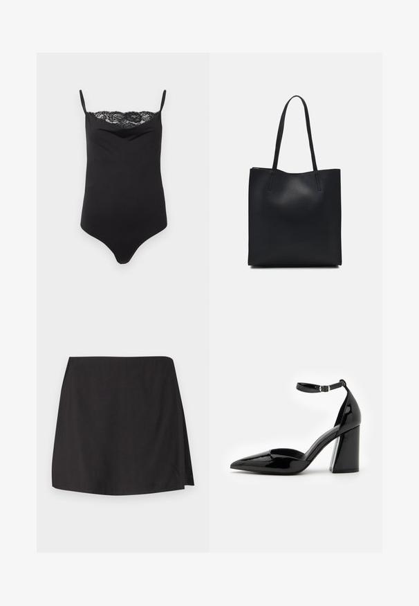 Musta haalari, jossa on ohuet olkaimet ja pitsireunus ylhäällä. Sileä pinta, istuva muotoilu ja syvä pääntie.; Mustapuku, joka on valmistettu sileästä kankaasta, suoran leikkauksen ja väärällä puolella olevan halkion kanssa. Yksinkertainen muotoilu ilman kuvioita tai koristeita.; Musta lakattu korkeakotoinen kenkä, jossa on teräväkärkinen muotoilu, nilkkaremmi ja leveä lohkare korko vakauden takaamiseksi. Kenkässä on sileä kiiltävä pinta.; Mustapahkainen kangaskassi, jossa on sileä pinta, suorakaiteen muotoinen ja kaksi pitkää kahvaa. Ei näkyvää metalliosaa tai koristeita.