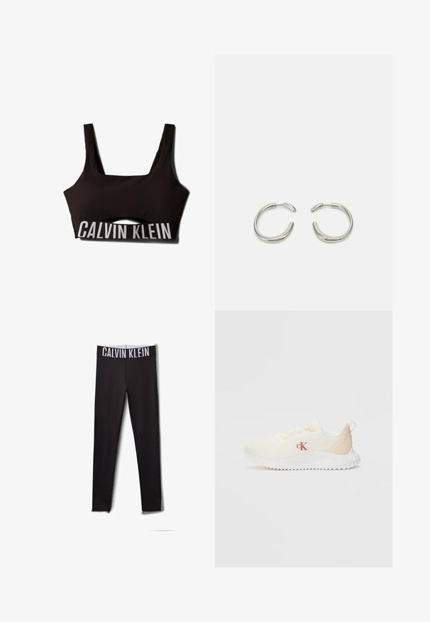 Black sports bra with a square neckline and wide straps. Features a textured upper and a contrasting white "CALVIN KLEIN" logo on the band.; Black leggings with a white "CALVIN KLEIN" logo on the waistband. Smooth material, fitted design, featuring mesh accents at the ankles.; White mesh sneakers with a textured surface, light beige accents, a raised white sole, and a red "CK" logo on the side.; Silver hoop earrings with a smooth, rounded design and a sleek, polished finish. Features a minimalistic shape with a slight opening.