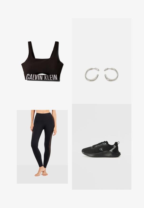 Soutien-gorge de sport noir avec un décolleté carré et de larges bretelles. Présente un haut texturé et un logo "CALVIN KLEIN" blanc contrastant sur la bande.; Leggings noirs avec une taille haute, featuring des panneaux latéraux en maille transparente. Fabriqués à partir d'un matériau extensible, conçus pour le confort et la flexibilité.; Baskets de sport basses noires en maille respirante, avec un système de laçage, une semelle texturée, et le logo "cK" sur le côté.; Boucles d'oreilles en argent avec un design lisse et arrondi et une finition polie élégante. Présente une forme minimaliste avec une légère ouverture.