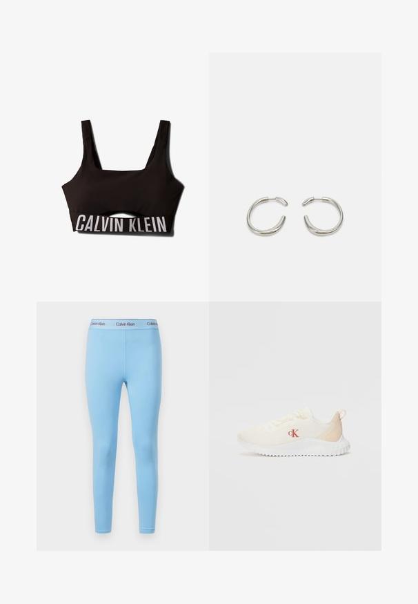 Čierna športová podprsenka so štvorcovým výstrihom a širokými ramienkami. Obsahuje štruktúrovanú hornú časť a kontrastné biele logo "CALVIN KLEIN" na pásiku.; Modré legíny vyrobené z hladkej, elastickej látky, ktoré majú jednoliatu farbu a pás s logom "Calvin Klein" v kontrastných farbách.; Biele športové tenisky z mriežkového materiálu s textúrovaným povrchom, svetlo béžovými akcentmi, zvýšenou bielou podrážkou a červeným logom "CK" na boku.; Strieborné kruhové náušnice s hladkým, zaobleným dizajnom a elegantným, lesklým povrchom. Majú minimalistický tvar s jemným otvorom.