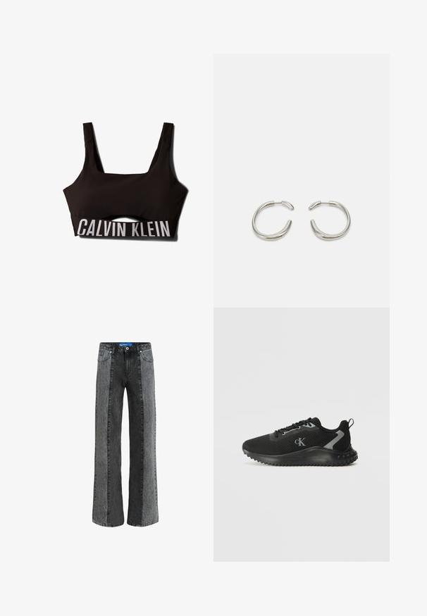 Melnas sporta krūšturis ar kvadrātveida kakla izgriezumu un platām lencēm. Iezīmēts ar teksturētu augšējo daļu un kontrastējošu baltu "CALVIN KLEIN" logo uz lentes.; Plaša kāju džinsi melnā un pelēkā denima. Iezīmes augsta vidukļa ar pogu aizdari, piecas kabatas un kontrastējoši vertikāli paneļi.; Melnas zemas sporta kedas ar elpojošu sietu, ar auklēšanas dizainu, faktūrētu zoli un "cK" logo sānos.; Sudraba riņķveida auskari ar gludu, noapaļotu dizainu un spīdīgu, pulētu apdari. Raksturīga minimālisma forma ar nelielu atvērumu.