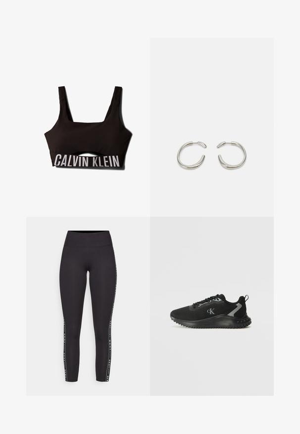 Sottoseno sportivo nero con scollatura quadrata e spalline larghe. Presenta una parte superiore strutturata e un logo bianco in contrasto "CALVIN KLEIN" sulla fascia.; Leggings atletici neri con una vita alta, con un design a strisce laterali bianche con il testo del marchio. Tessuto liscio e elastico.; Sneaker atletica nera a bassa top con rete traspirante, design con lacci, suola testurizzata e logo "cK" di lato.; Orecchini a cerchio in argento con un design liscio e arrotondato e una finitura lucida e elegante. Presentano una forma minimalista con una leggera apertura.