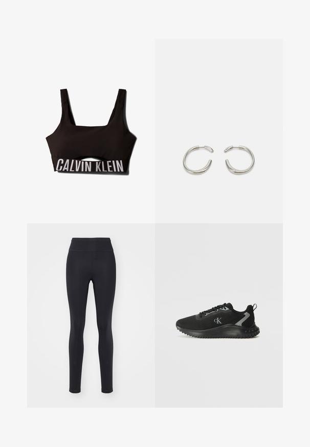 Black sports bra with a square neckline and wide straps. Features a textured upper and a contrasting white "CALVIN KLEIN" logo on the band.; Black leggings made of stretchy material, featuring a high waistband, a smooth texture, and a slim, fitted design with no visible patterns.; Black low-top athletic sneaker with breathable mesh, lace-up design, textured sole, and "cK" logo on the side.; Silver hoop earrings with a smooth, rounded design and a sleek, polished finish. Features a minimalistic shape with a slight opening.