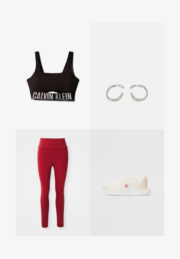 Sottoseno sportivo nero con scollatura quadrata e spalline larghe. Presenta una parte superiore strutturata e un logo bianco in contrasto "CALVIN KLEIN" sulla fascia.; Leggings rossi a vita alta, a lunghezza intera, con cucitura laterale visibile e parziale logo bianco del marchio sulla parte inferiore della gamba destra, su sfondo bianco.; Sneakers bianchi in rete con superficie texturizzata, dettagli beige chiaro, suola bianca rialzata e logo rosso "CK" sul lato.; Orecchini a cerchio in argento con un design liscio e arrotondato e una finitura lucida e elegante. Presentano una forma minimalista con una leggera apertura.