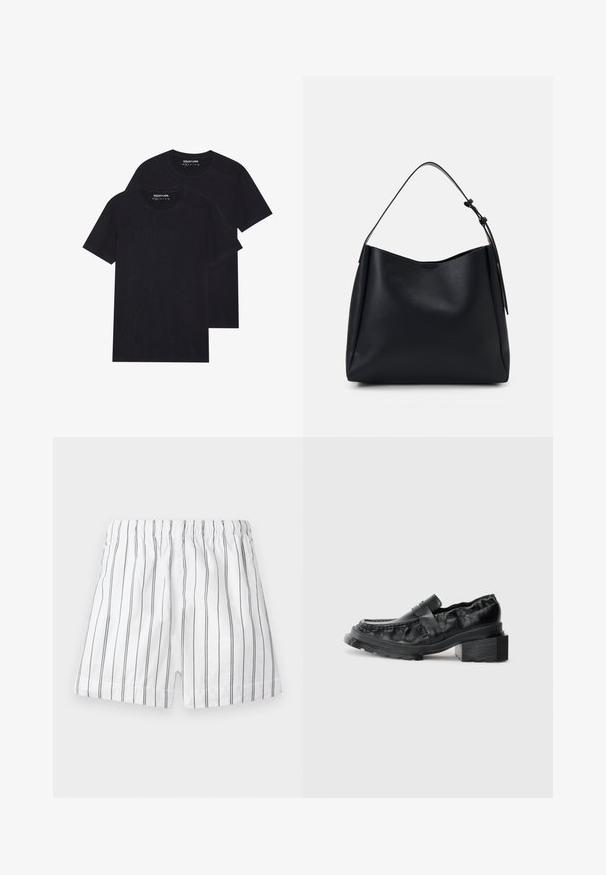 Két fekete pamut póló, kerek nyakkal, rövid ujjakkal és sima textúrával. Mindkét póló azonos, a nyakrészen található a márka címkéje.; Fehér rövidnadrág vékony függőleges szürke csíkokkal, elasztikus derékpánttal és kényelmes szabással. Könnyű anyagból készült a légáteresztőség érdekében.; Fekete bőr loaferek, strukturált talppal, enyhén megemelt blokk sarkúak, texturált felsőrésszel, elöl pánttal rögzítve.; Fekete bőr hobo táska egyetlen vállpánttal, sima felülettel, kúpos tetejével és minimális designnal, látható hardver nélkül.; Tizenkét darabból álló fülgyűrű készlet ezüst és arany árnyalatokban. Csavarodott, sima és texturált mintázatokat ölel fel, különböző méretekben és felületekkel.