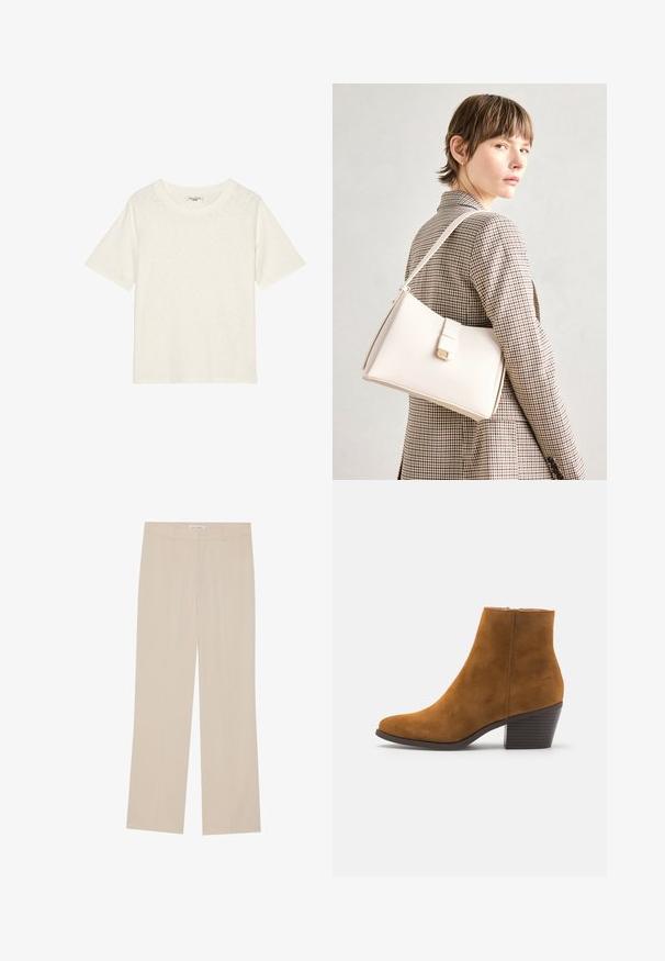Off-white kortermet T-skjorte laget av myk, teksturert stoff med rund hals og avslappet passform. Ingen logoer eller tilleggdetaljer til stede.; Beige videbukser med en glat overflade, der har en skræddersyet pasform, to forlommer og diskrete pressefolder langs benene.; Brune daim ankelstøvler med spiss tå og stablet hæl. Glatt tekstur med glidelås på siden for lukking. Klassisk design og form.; Hvit lær veske med en strukturert design, med magnetlås og skulderstropp, vist mot en nøytral bakgrunn.