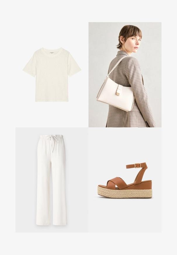 T-shirt de manga curta off-white, feito de um tecido macio e texturizado, com um decote redondo e um corte descontraído. Sem logótipos ou detalhes adicionais.; Calças largas brancas feitas de tecido macio, com uma cintura elástica e textura suave. Sem padrões ou adornos visíveis.; Sandálias de plataforma castanhas com base de juta trançada, correias cruzadas largas e uma tira no tornozelo com uma fivela dourada. Textura de couro suave.; Bolsa de mão em couro branco com um design estruturado, apresentando um fecho magnético e uma alça de ombro, exibida sobre um fundo neutro.