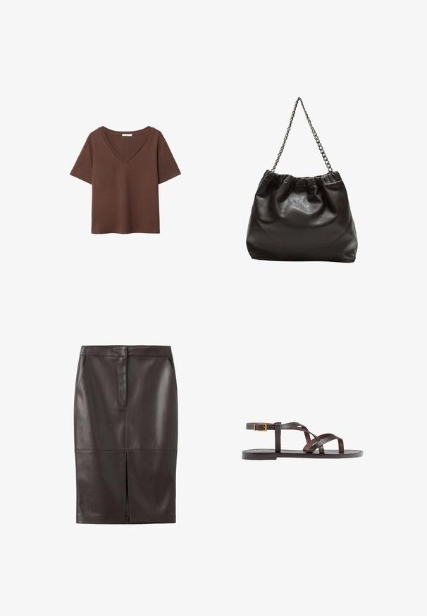 Braunes Baumwoll-T-Shirt mit kurzen Ärmeln und tiefem V-Ausschnitt. Einfaches Design, weiche Textur und gerade Saumlinie. Keine Muster oder Akzente.; Brauner Leder-Bleistiftrock mit glatter Textur, vorderem Schlitz und zwei seitlichen Taschen; tailliertes Design mit gesteppten Details.; Braune Leder-Sandale mit überkreuzten Riemen, einem Knöchelriemen mit Schnalle und einer flachen Sohle mit minimalen Nähdetails.; Braune Lederhandtasche mit gerafftem Oberteil und Kettenriemen. Glatte Textur mit glänzendem Finish und subtilen Nahtdetails an den Seiten.