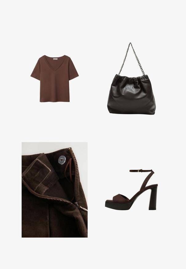 T-shirt en coton brun avec des manches courtes et un décolleté en V profond. Design simple, texture douce et ourlet droit. Pas de motifs ni d'accents.; Tissu en velours côtelé marron avec une texture lisse, doté d'une fermeture éclair, d'un bouton et d'une sangle intérieure pour un maintien sécurisé.; Sandale à talons hauts en suede marron avec un bout ouvert, une bride de cheville réglable et une semelle de plateforme rayée.; Sac en cuir marron avec un haut froncé et une bandoulière en chaîne. Texture lisse avec une finition brillante et des coutures subtiles sur les côtés.