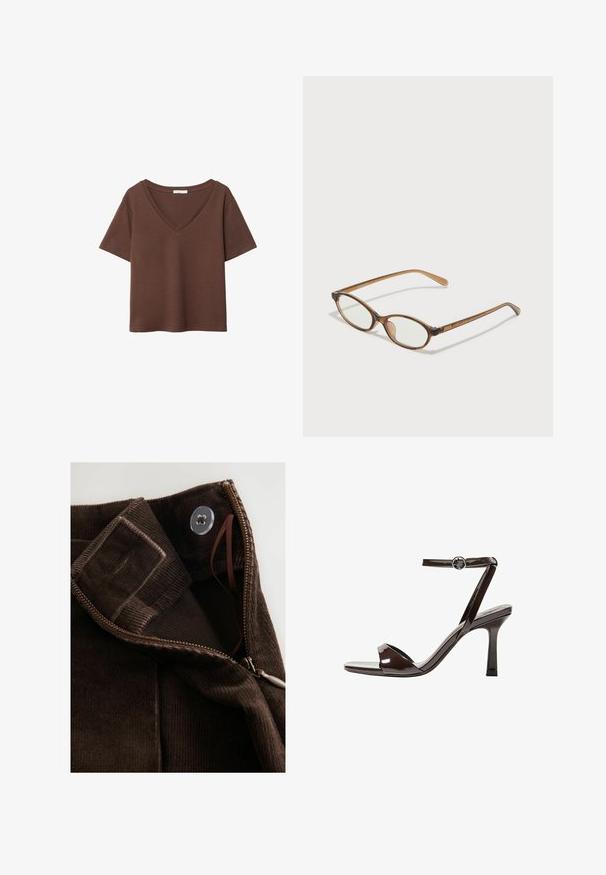 Smeđa pamučna majica kratkih rukava s dubokim V-izrezom. Jednostavan dizajn, mekana tekstura i ravni rub. Bez uzoraka ili naglasaka.; Smešani smeđi korduroj tkanina s glatkom teksturom, s patentnim zatvaračem, kopčanjem na gumb i unutarnjom trakom za sigurno zatvaranje.; Smeđi lakirani kožni sandali s visokim potpeticama, remenom oko članka, otvorenim prstima i elegantnim, minimalističkim dizajnom. Imaju kvadratnu potpeticu.; Smeđe skupe naočale s ovalnim lećama, tankim drškama i prozirnim akcentima. Ima suptilan logo na sljepoočnici. Elegantan, lagan dizajn.; Smeđi pulover s kratkim rukavima uparen s zelenom kožnom torbom s zakrivljenim dizajnom i zlatnim detaljima, smješten na drvenoj stolici.