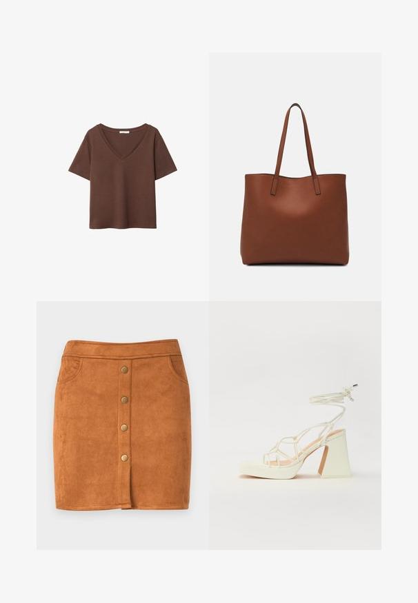 Braunes Baumwoll-T-Shirt mit kurzen Ärmeln und tiefem V-Ausschnitt. Einfaches Design, weiche Textur und gerade Saumlinie. Keine Muster oder Akzente.; Brauer Wildleder-Minikleid mit geradem Schnitt, vorne mit Knopfleiste, zwei Seitentaschen und dezenten Stickdetails.; Weiße High-Heel-Sandale mit einem klobigen Absatz, die über ein Riemchendesign und ein Knöchelband verfügt. Glatte Textur mit einer Plattform vorne für zusätzliche Höhe.; Braune Leder-Tote mit glatter Textur, offenem Oberteil und zwei Schulterriemen. Verfügt über minimale Nähte und keine sichtbaren Beschläge.