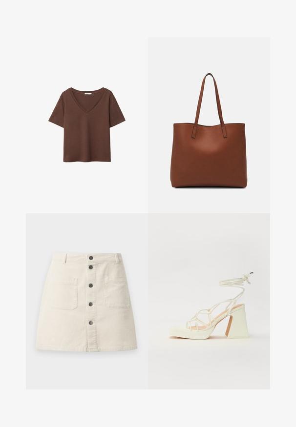 Hnedé bavlnené tričko s krátkymi rukávmi a hlbokým V-výstrihom. Jednoduchý dizajn, jemná textúra a rovný lem. Bez vzorov alebo akcentov.; Béžová kordová mini sukňa s predným zapínaním na gombík, dvoma veľkými vreckami a pútkami na opasok na páse.; Biele sandále na vysokom opätku s hrubým podpätkom, s pruhovaným dizajnom a viazaním na členku. Hladký povrch s platformou vpredu pre zvýšenú výšku.; Hnedá kožená taška na rameno s hladkou textúrou, otvoreným vrchom a dvoma ramenými popruhmi. Má minimálne šitia a žiadne viditeľné kovania.