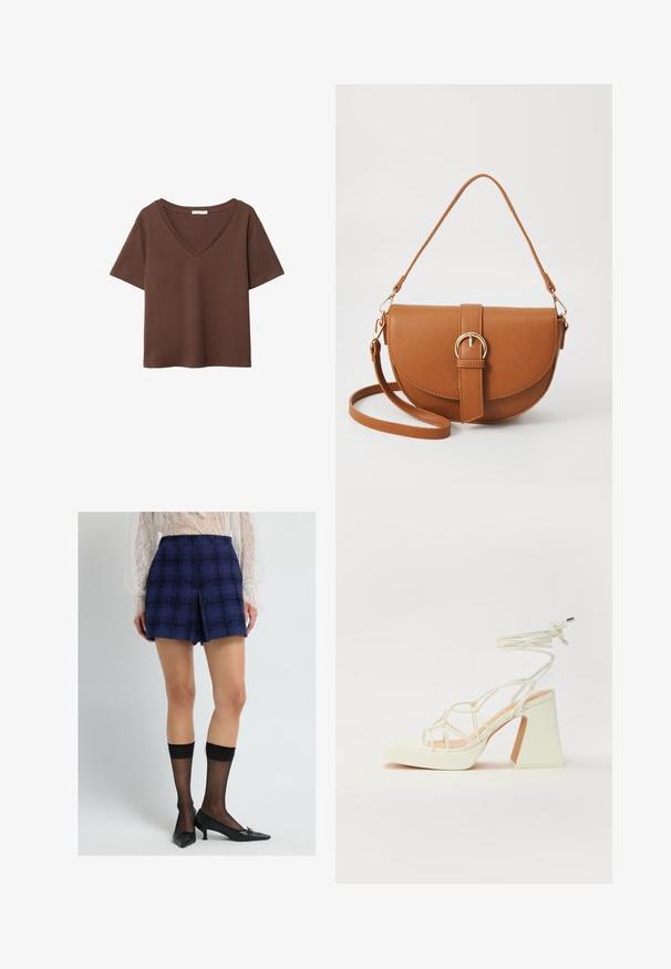 Ruskea puuvillapaita, jossa on lyhyet hihat ja syvä V-kaula-aukko. Yksinkertainen muotoilu, pehmeä rakenne ja suora helma. Ei kuvioita tai yksityiskohtia.; Laadun navy ruudulliset shortsit, joissa on teksturoitu kangas, edessä halkio ja mustia yksityiskohtia. Yhdistettynä läpinäkyviin mustiin polvisukkiin ja kärkitossuihin.; Valkoinen korkokenkä, jossa on paksu korko, ja joka sisältää nauhakiinnityksen ja nilkkaketjun. Sujuva pinta, jossa on platform-etupohja lisäkorkeutta varten.; Ruskean nahkainen olkalaukku, jossa on kaareva muoto, kultaiset yksityiskohdat ja solkiyksityiskohta. Varustettu irrotettavalla olkahihnalla.