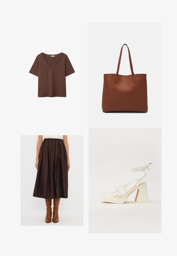 Brun bomulls t-shirt med korta ärmar och djup V-ringning. Enkel design, mjuk textur och rak fåll. Inga mönster eller dekorationer.; Brun knälång kjol med en samlad elastisk midja, tillverkad av ett glänsande tyg. Bärs med höga bruna stövlar, som visar en enkel, flödande design.; Vit högklackad sandal med en kraftig klack, med ett remdesign och ankelband. Slät textur med en plattform framtill för ökad höjd.; Brun läder tote-väska med en slät textur, öppen toppdesign och två axelremmar. Har minimal söm och ingen synlig metalldetalj.