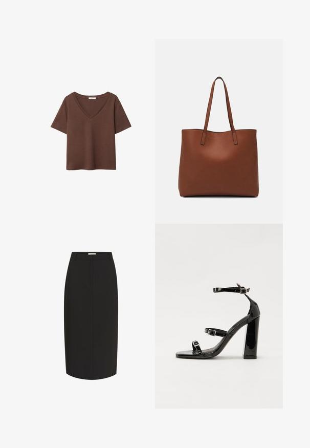 Braunes Baumwoll-T-Shirt mit kurzen Ärmeln und tiefem V-Ausschnitt. Einfaches Design, weiche Textur und gerade Saumlinie. Keine Muster oder Akzente.; Schwarzer Bleistiftrock aus glattem Stoff, mit figurnahem Schnitt, knielangem Design und vorderen Eingrifftaschen.; Schwarze patentierte Sandalen mit Absatz, quadratischer Spitze, Knöchelriemen und silbernen Schnallen. Mit einem stabilen Blockabsatz für mehr Stabilität.; Braune Leder-Tote mit glatter Textur, offenem Oberteil und zwei Schulterriemen. Verfügt über minimale Nähte und keine sichtbaren Beschläge.