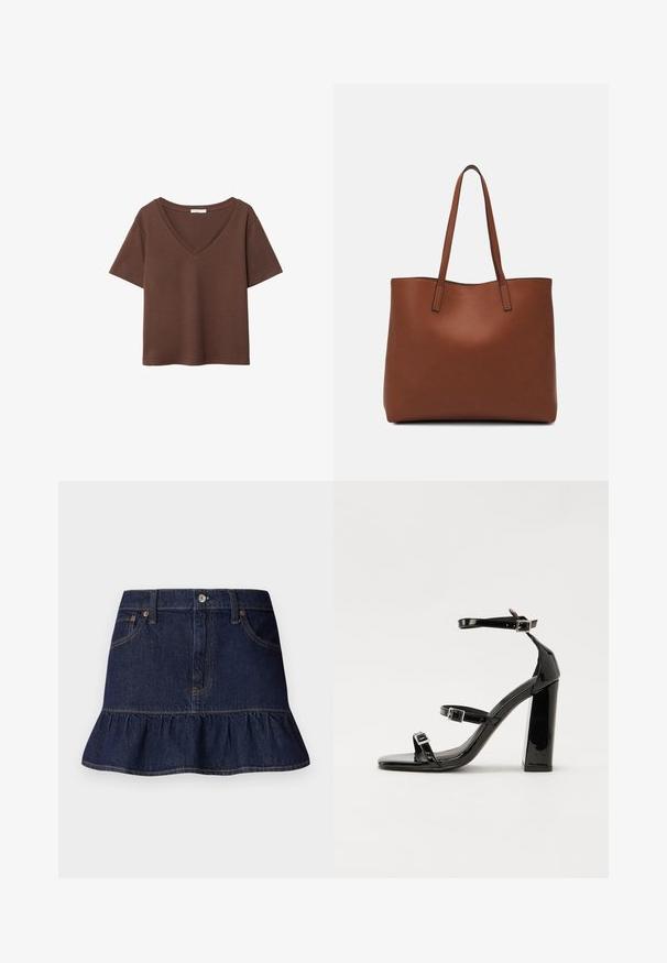 Brązowy bawełniany t-shirt z krótkimi rękawami i głębokim dekoltem w kształcie litery V. Prosty design, miękka faktura i prosty krój u dołu. Brak wzorów i akcentów.; Ciemnoniebieska spódnica dżinsowa z falbaną na końcu, pięć kieszeni, szlufki na pasek i zapięcie na guziki z przodu. Gładka faktura i prosty krój.; Czarne lakierowane sandały na wysokim obcasie, z dwoma paskami zapinanymi na klamry, kwadratowy nosek i masywny obcas typu słupek, o gładkiej, błyszczącej fakturze.; Brązowa skórzana torba tote o gładkiej fakturze, z otwartym wierzchem i dwoma ramiączkami. Charakteryzuje się minimalnym przeszyciem i brakiem widocznych elementów metalowych.