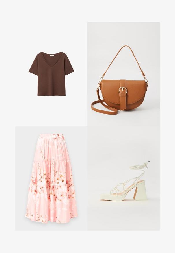 T-shirt in cotone marrone con maniche corte e scollo a V profondo. Design semplice, texture morbida e orlo dritto. Senza fantasie o dettagli.; YAS YASBILL - Gonna lunga - chintz rose; Sandalo bianco con tacco alto, caratterizzato da un design a cinturini e un legaccio alla caviglia. Texture liscia con una piattaforma frontale per un'altezza aggiuntiva.; Borsa a tracolla in pelle marrone con forma curvata, hardware dorato e un dettaglio con fibbia. Presenta una tracolla rimovibile.