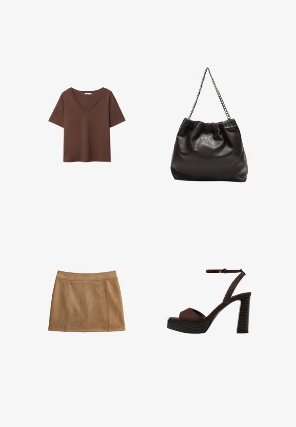 T-shirt en coton brun avec des manches courtes et un décolleté en V profond. Design simple, texture douce et ourlet droit. Pas de motifs ni d'accents.; Jupe en daim brun avec une texture lisse, forme A-line et une taille. Présente des coutures surpiquées pour une touche de détail supplémentaire.; Sandale à talons hauts en suede marron avec un bout ouvert, une bride de cheville réglable et une semelle de plateforme rayée.; Sac en cuir marron avec un haut froncé et une bandoulière en chaîne. Texture lisse avec une finition brillante et des coutures subtiles sur les côtés.