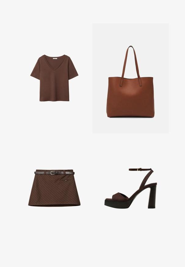 T-shirt en coton brun avec des manches courtes et un décolleté en V profond. Design simple, texture douce et ourlet droit. Pas de motifs ni d'accents.; Jupe marron avec un motif de rayures subtiles, dotée d'une ceinture en cuir marron, d'une poche frontale unique et d'une forme A-line structurée.; Sandale à talons hauts en suede marron avec un bout ouvert, une bride de cheville réglable et une semelle de plateforme rayée.; Sac fourre-tout en cuir marron avec une texture lisse, design à ouverture supérieure et deux poignées pour le porter à l'épaule. Présente des coutures minimales et aucun matériel visible.