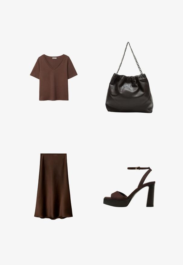Rjava bombažna majica s kratkimi rokavi in globokim V-izrezom. Preprost dizajn, mehak material in raven rob. Brez vzorcev ali dekorativnih elementov.; Mango Dolgo krilo - brown; Rjave semiš sandale z visoko peto, odprto spredaj, z nastavljivim gležnjenjem in črtastim podplatom.; Rjava usnjena torba z nabranim vrhom in verižnim trakom. Gladka tekstura z sijajno površino in subtilnimi šivi na straneh.