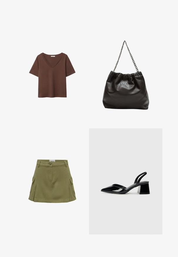 T-shirt in cotone marrone con maniche corte e scollo a V profondo. Design semplice, texture morbida e orlo dritto. Senza fantasie o dettagli.; Gonna in cotone verde oliva con orlo svasato, dotata di chiusura con bottoni frontali e due tasche laterali. Design casual e текстurizzato.; Décolleté in vernice nera con punta affusolata e tacco in geometria cubica. Presentano un design elegante e minimalista, con una texture liscia.; Borsa in pelle marrone con parte superiore arricciata e tracolla a catena. Texture liscia con finitura lucida e dettagli di cucitura sottili sui lati.