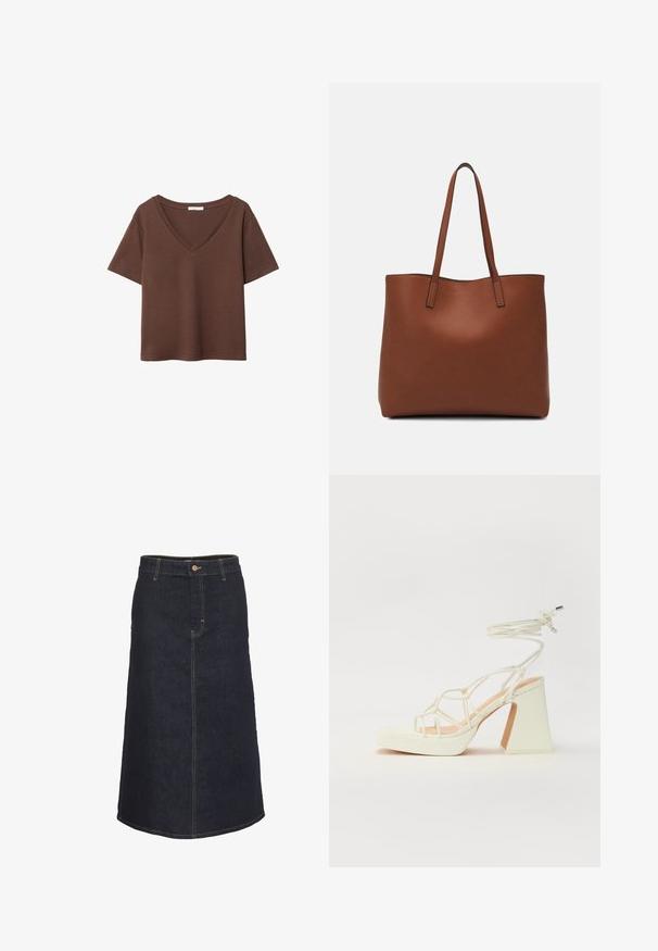 Brun bomulls t-shirt med korta ärmar och djup V-ringning. Enkel design, mjuk textur och rak fåll. Inga mönster eller dekorationer.; Mörk denim midi kjol med en rak silhuett, med en framknäppning och kontrasterande gul sömnad.; Vit högklackad sandal med en kraftig klack, med ett remdesign och ankelband. Slät textur med en plattform framtill för ökad höjd.; Brun läder tote-väska med en slät textur, öppen toppdesign och två axelremmar. Har minimal söm och ingen synlig metalldetalj.