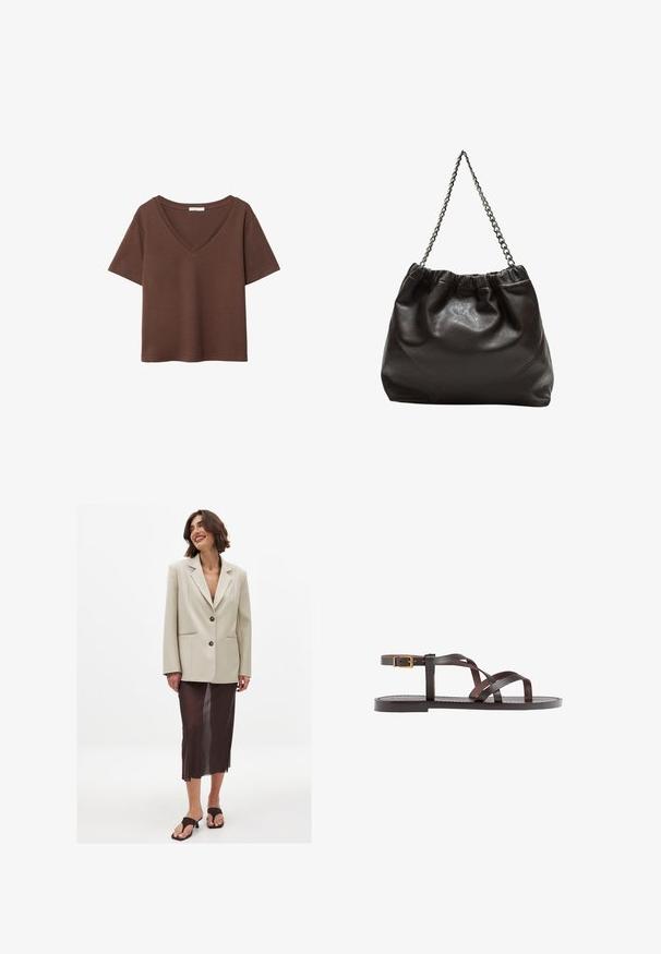 Rjava bombažna majica s kratkimi rokavi in globokim V-izrezom. Preprost dizajn, mehak material in raven rob. Brez vzorcev ali dekorativnih elementov.; Bež Oversized blejzer s klapavim ovratnikom in dvema gumboma, v kombinaciji s prozorno rjavo midi krilo ter rjavimi natikači.; Rjav usnjen sandal z načinom prečnega črta, zaklepom okoli gležnja in ravnim podplatom z minimalnimi šivi.; Rjava usnjena torba z nabranim vrhom in verižnim trakom. Gladka tekstura z sijajno površino in subtilnimi šivi na straneh.