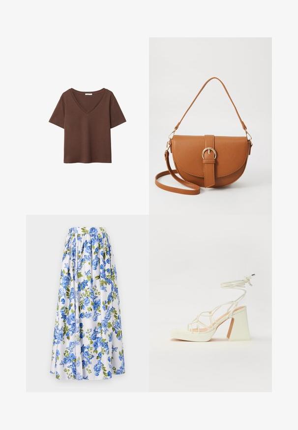 Braunes Baumwoll-T-Shirt mit kurzen Ärmeln und tiefem V-Ausschnitt. Einfaches Design, weiche Textur und gerade Saumlinie. Keine Muster oder Akzente.; Maxikleid mit floralem Muster in Weiß, verziert mit blauen Blumen und grünen Blättern. Geraffte Taille und leichtes Material für ein fließendes Design.; Weiße High-Heel-Sandale mit einem klobigen Absatz, die über ein Riemchendesign und ein Knöchelband verfügt. Glatte Textur mit einer Plattform vorne für zusätzliche Höhe.; Braune Leder-Crossbody-Tasche mit geschwungener Form, goldfarbenen Beschlägen und einer Schnallenakzentuierung. Verfügt über einen abnehmbaren Schultergurt.