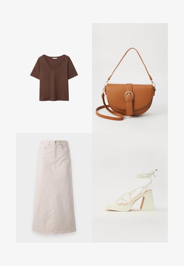 Ruskea puuvillapaita, jossa on lyhyet hihat ja syvä V-kaula-aukko. Yksinkertainen muotoilu, pehmeä rakenne ja suora helma. Ei kuvioita tai yksityiskohtia.; Vaaleanbeige kordurooy-hame, jossa on pystysuorat raidat. Hameessa on istuva vyötärö, etutaskut ja suora leikkaus helmaan.; Valkoinen korkokenkä, jossa on paksu korko, ja joka sisältää nauhakiinnityksen ja nilkkaketjun. Sujuva pinta, jossa on platform-etupohja lisäkorkeutta varten.; Ruskean nahkainen olkalaukku, jossa on kaareva muoto, kultaiset yksityiskohdat ja solkiyksityiskohta. Varustettu irrotettavalla olkahihnalla.