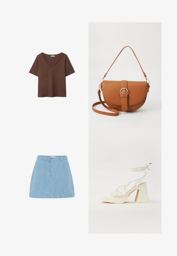 Rjava bombažna majica s kratkimi rokavi in globokim V-izrezom. Preprost dizajn, mehak material in raven rob. Brez vzorcev ali dekorativnih elementov.; Svetlo modra denimska krila z visokim pasom, sprednjimi žepi in diskretnimi ploščicami, z zapiranjem na srebrn gumb.; Bela sandala na visokih petah s debelim petam, ki ima obliko trakcev in vezanje okoli gležnja. Gladka tekstura z platformo spredaj za dodatno višino.; Rjava usnjena torbica prek telesa s ukrivljeno obliko, zlate opreme in sponko. Ima odstranljiv naramni trak.